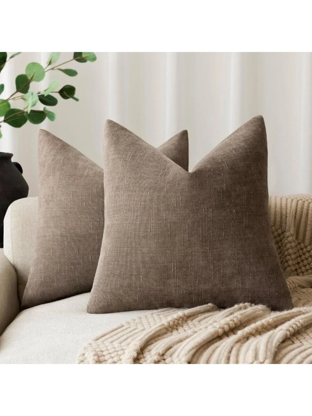 Cozy Chenille Throw Pillow Covers - 22x22 Inch Solid Accent Cushions, Taupe, Set